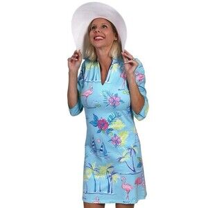 Ana Clare Aqua Blue Flamingo Dress Tropical Size Small Knee Length
